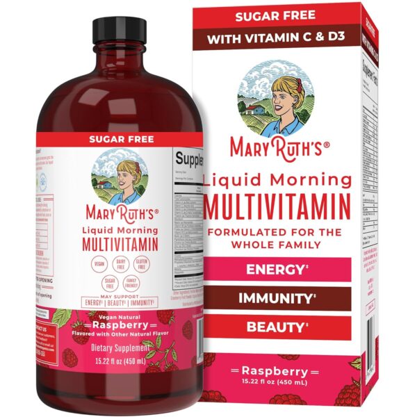 MaryRuth's Multivitamin for Women | Men & Kids | Vegan Liquid Vitamins & Minerals | Adults & Kids Multivitamins | Beauty & Energy Booster | Raspberry | No Added Sugar | 15.22 Fl Oz